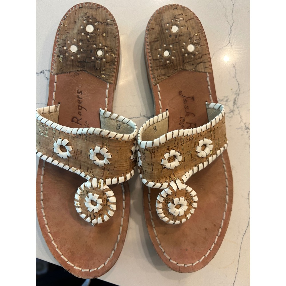 Jack Rogers Sandals Tan Cork Gold Fleck Whipstitch Navajo Thong Flat Slides 8